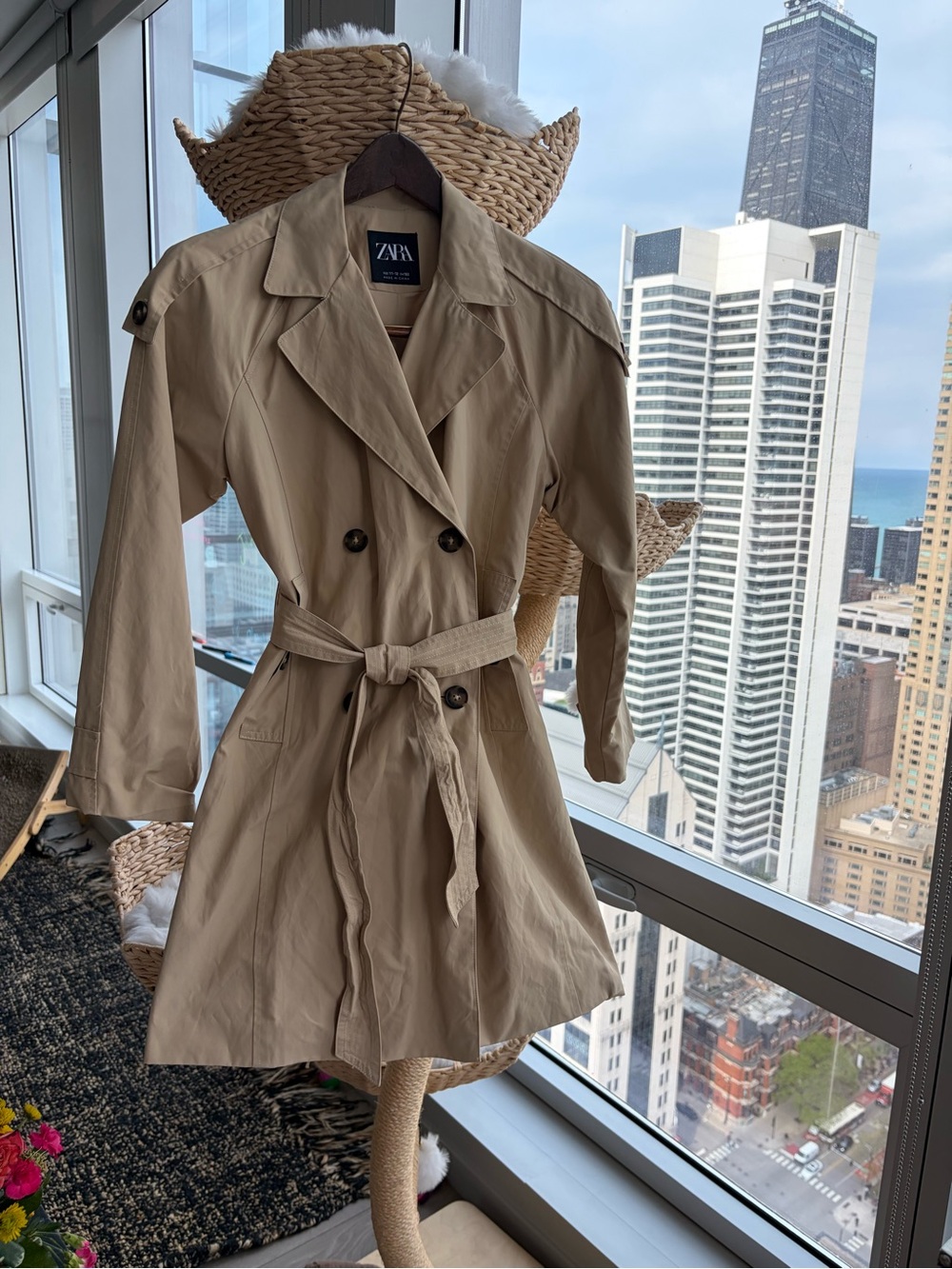 Zara Khaki Double-Breasted Trench Coat with Belt
